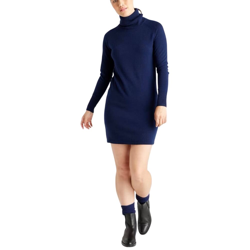 New Quince Women's XS Mongolian Cashmere Turtleneck Dress Navy Blue Coquette